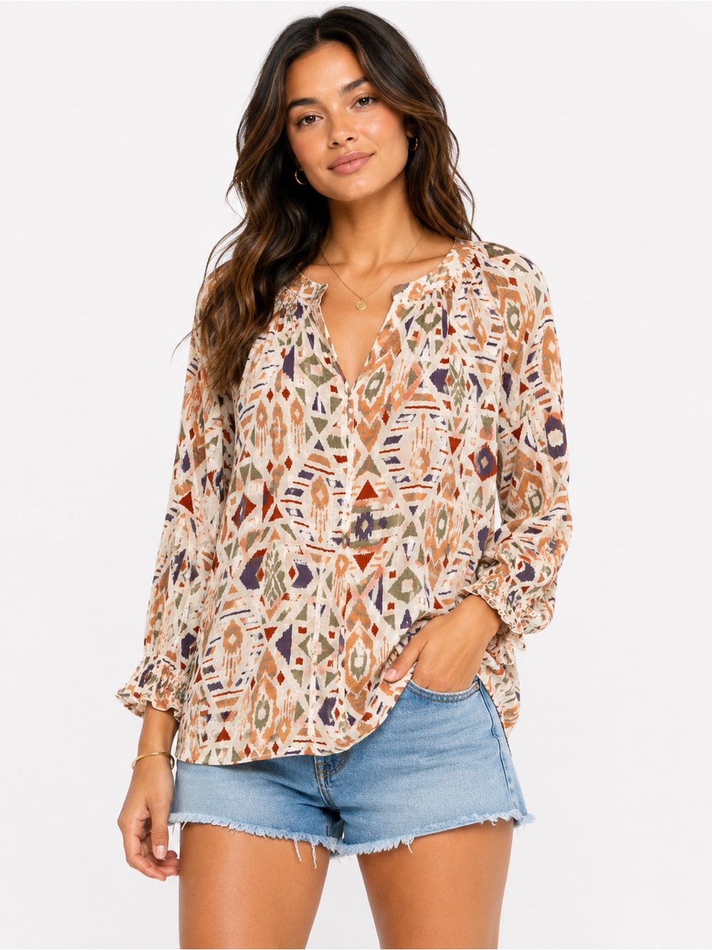 Andree by Unit Size 1X Boho Geo Print Long-Sleeve Peasant Top - Beige Multi